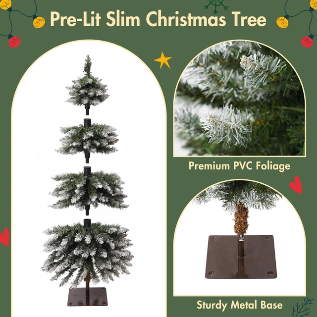 Alt view image 5 of 7 - Pack Pre Lit Snow Flocked Pencil Christmas Tree Set, Slim Artificial Xmas Trees with LED Lights and Metal Flat Base