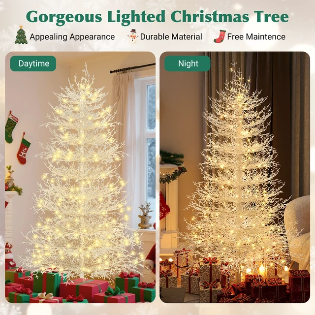 Alt view image 4 of 7 - Pre Lit Aspen Fir Artificial Christmas Tree, Hinged Xmas Tree Branch Tips LED Lights Holiday Coral Christmas for Party