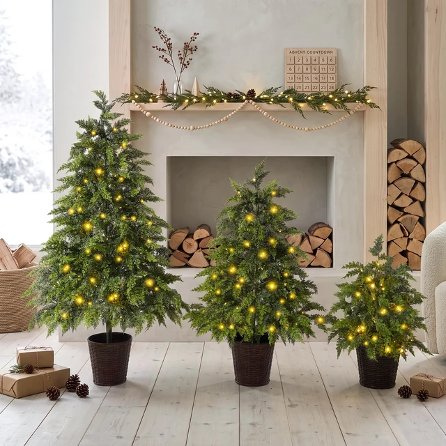 Alt view image 2 of 7 - 3 Piece Pre Lit Christmas Tree Set with Glowing Lights, Potted Base and Full Cascading Branches for Layered Holiday