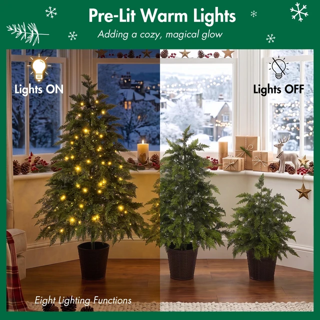 Alt view image 4 of 7 - 3 Piece Pre Lit Christmas Tree Set with Glowing Lights, Potted Base and Full Cascading Branches for Layered Holiday
