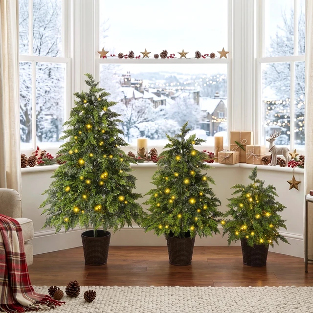 Alt view image 3 of 7 - 3 Piece Pre Lit Christmas Tree Set with Glowing Lights, Potted Base and Full Cascading Branches for Layered Holiday