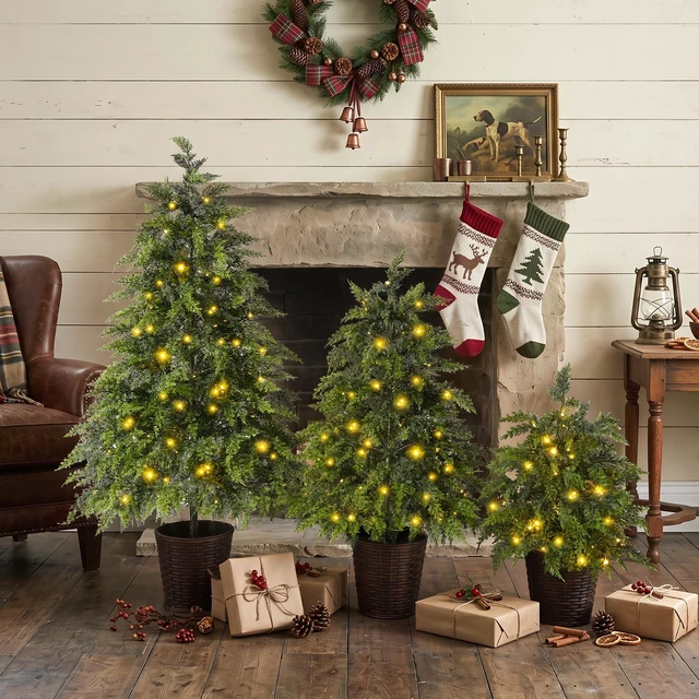 Main image of 3 Piece Pre Lit Christmas Tree Set with Glowing Lights, Potted Base and Full Cascading Branches for Layered Holiday
