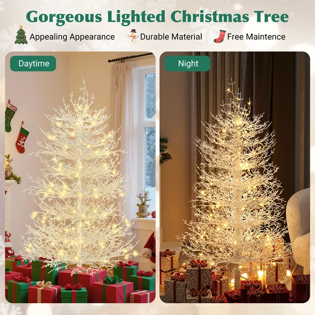Alt view image 4 of 7 - Pre Lit Aspen Fir Artificial Christmas Tree, Hinged Xmas Tree Branch Tips LED Lights Holiday Coral Christmas for Party
