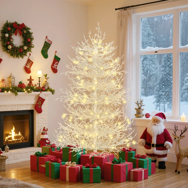 Alt view image 3 of 7 - Pre Lit Aspen Fir Artificial Christmas Tree, Hinged Xmas Tree Branch Tips LED Lights Holiday Coral Christmas for Party