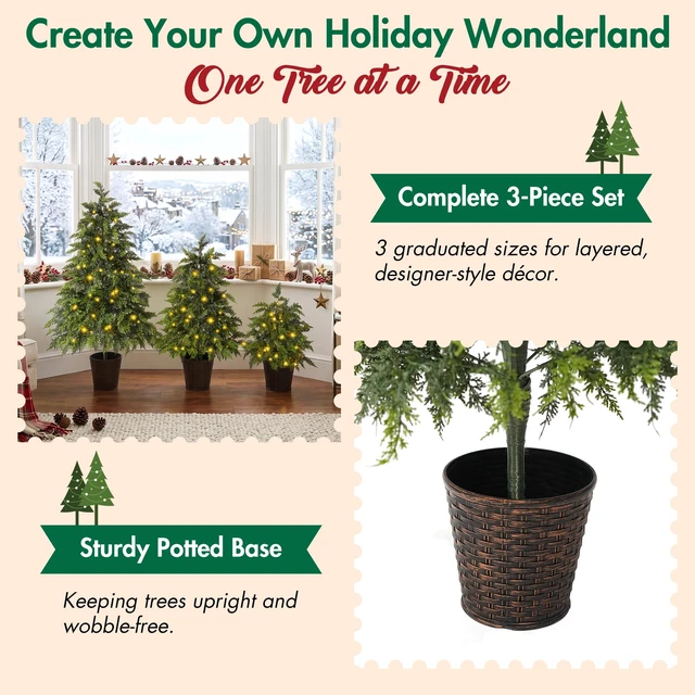 Alt view image 6 of 7 - 3 Piece Pre Lit Christmas Tree Set with Glowing Lights, Potted Base and Full Cascading Branches for Layered Holiday
