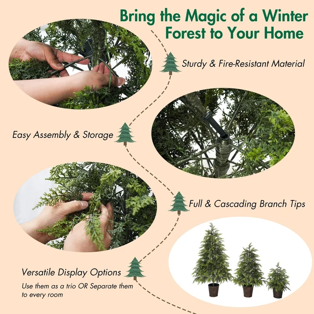Alt view image 5 of 7 - 3 Piece Pre Lit Christmas Tree Set with Glowing Lights, Potted Base and Full Cascading Branches for Layered Holiday