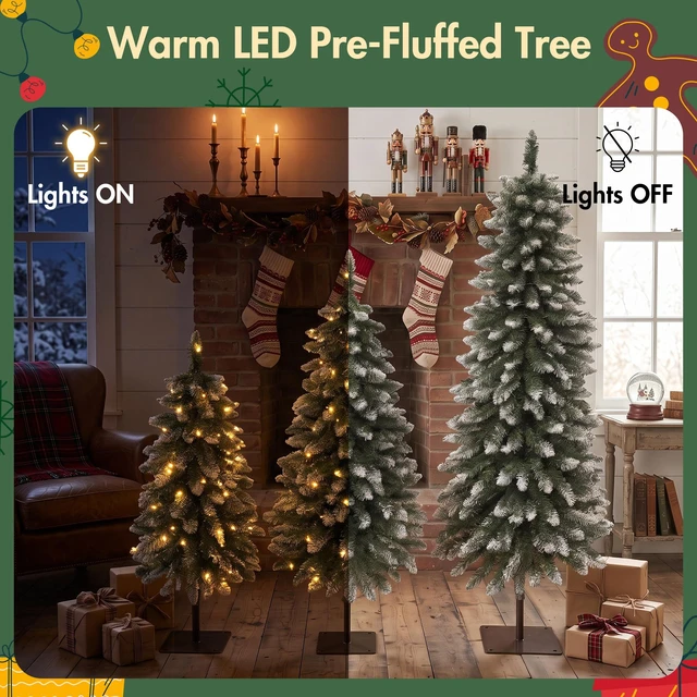 Alt view image 6 of 7 - Pack Pre Lit Snow Flocked Pencil Christmas Tree Set, Slim Artificial Xmas Trees with LED Lights and Metal Flat Base