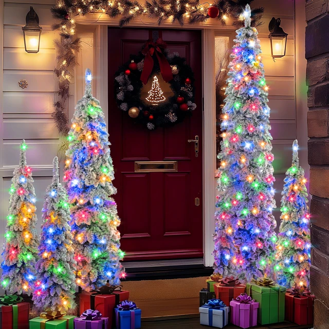 Alt view image 2 of 7 - Pre Lit Pencil Christmas Trees, Set Slim Artificial Christmas Tree with Snow Flocking Xmas Holiday Decoration Branch