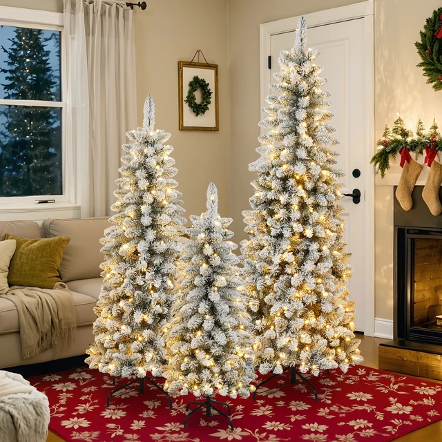 Alt view image 2 of 7 - 3 pcs Flocked Artificial Christmas Tree Set with Lights, 4 ft 5 ft 6 Christmas Snow Tree Set Decor, Green White, Vinyl