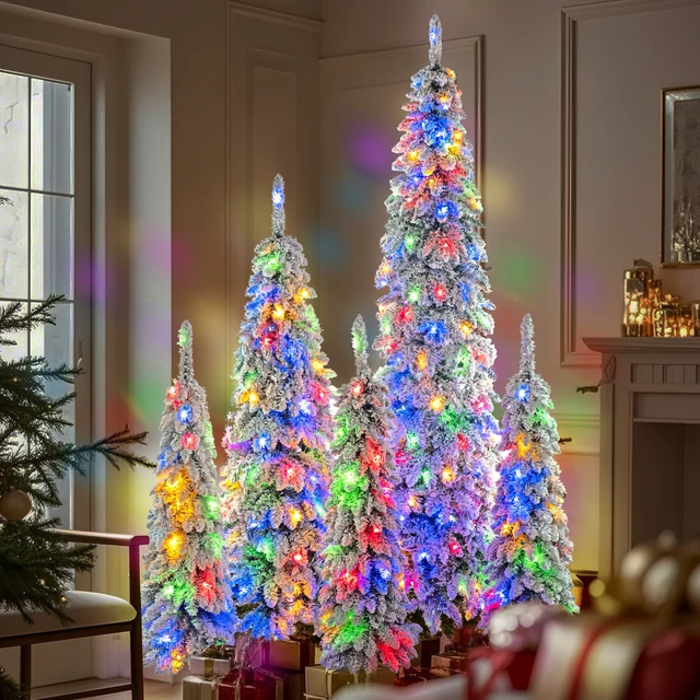 Alt view image 4 of 7 - Pre Lit Pencil Christmas Trees, Set Slim Artificial Christmas Tree with Snow Flocking Xmas Holiday Decoration Branch