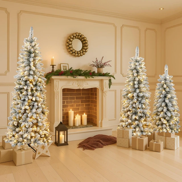Main image of 3 pcs Flocked Artificial Christmas Tree Set with Lights, 4 ft 5 ft 6 Christmas Snow Tree Set Decor, Green White, Vinyl