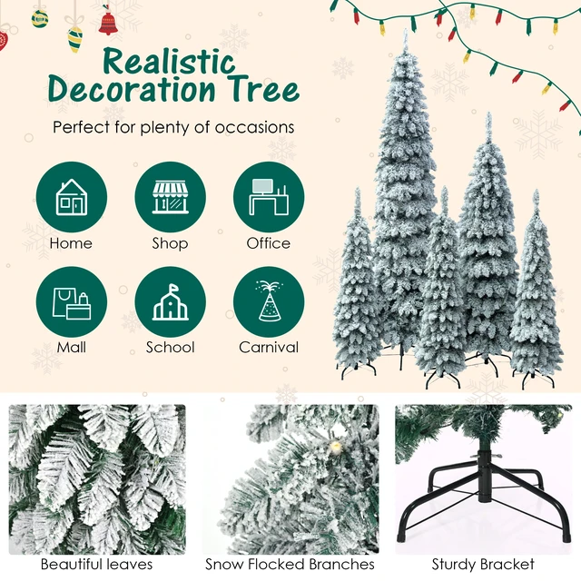 Alt view image 6 of 7 - Pre Lit Pencil Christmas Trees, Set Slim Artificial Christmas Tree with Snow Flocking Xmas Holiday Decoration Branch