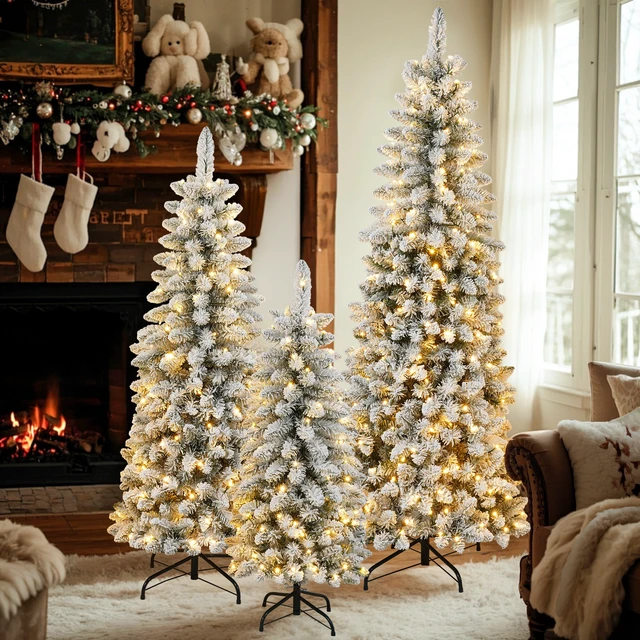 Alt view image 3 of 7 - 3 pcs Flocked Artificial Christmas Tree Set with Lights, 4 ft 5 ft 6 Christmas Snow Tree Set Decor, Green White, Vinyl