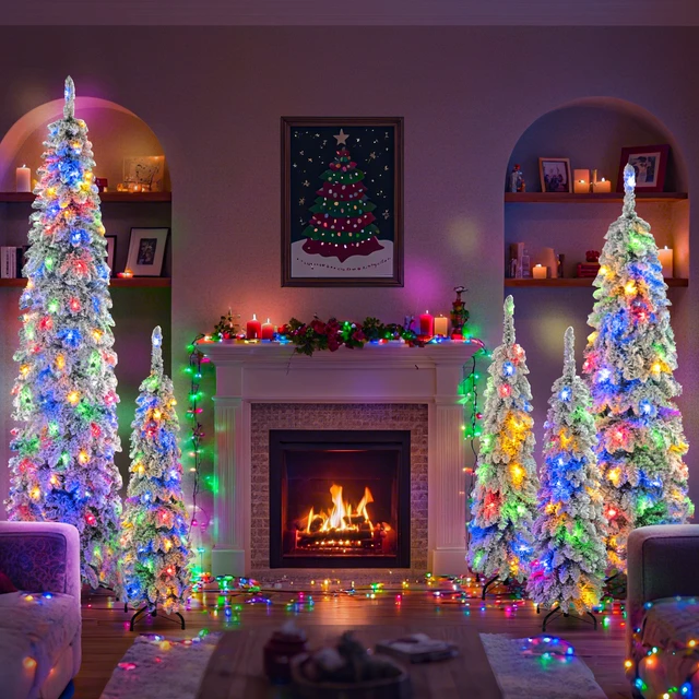 Alt view image 3 of 7 - Pre Lit Pencil Christmas Trees, Set Slim Artificial Christmas Tree with Snow Flocking Xmas Holiday Decoration Branch