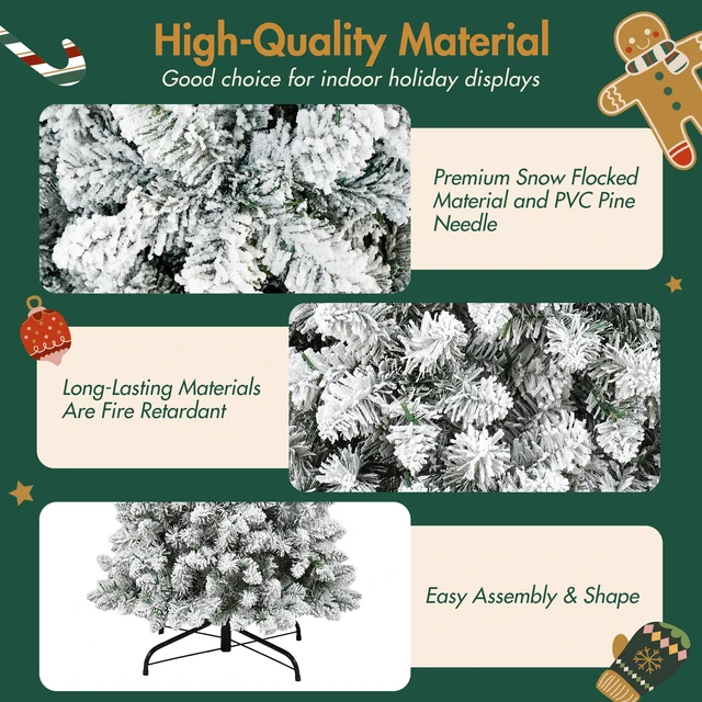 Alt view image 4 of 7 - 3 pcs Flocked Artificial Christmas Tree Set with Lights, 4 ft 5 ft 6 Christmas Snow Tree Set Decor, Green White, Vinyl