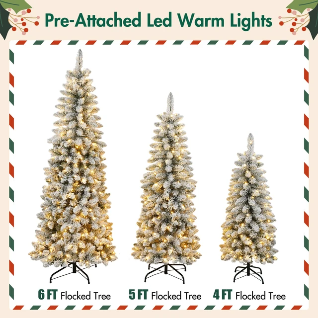 Alt view image 6 of 7 - 3 pcs Flocked Artificial Christmas Tree Set with Lights, 4 ft 5 ft 6 Christmas Snow Tree Set Decor, Green White, Vinyl