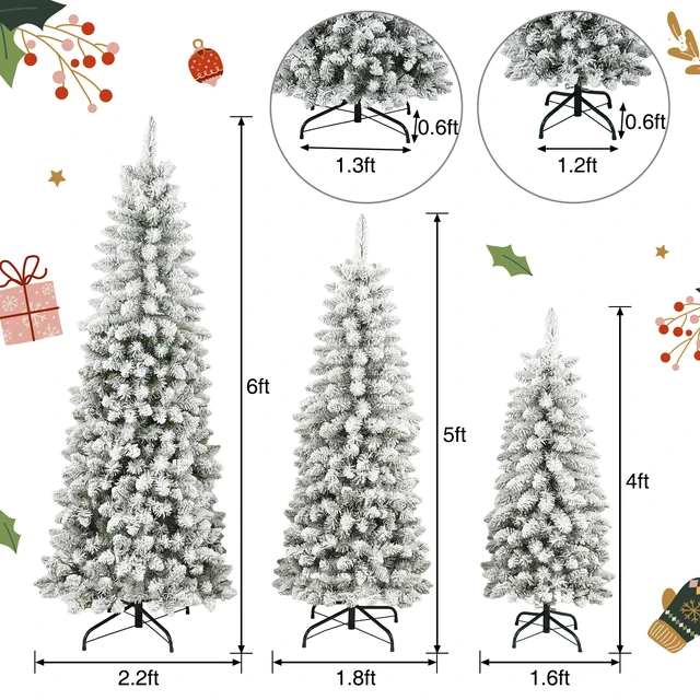 Alt view image 7 of 7 - 3 pcs Flocked Artificial Christmas Tree Set with Lights, 4 ft 5 ft 6 Christmas Snow Tree Set Decor, Green White, Vinyl