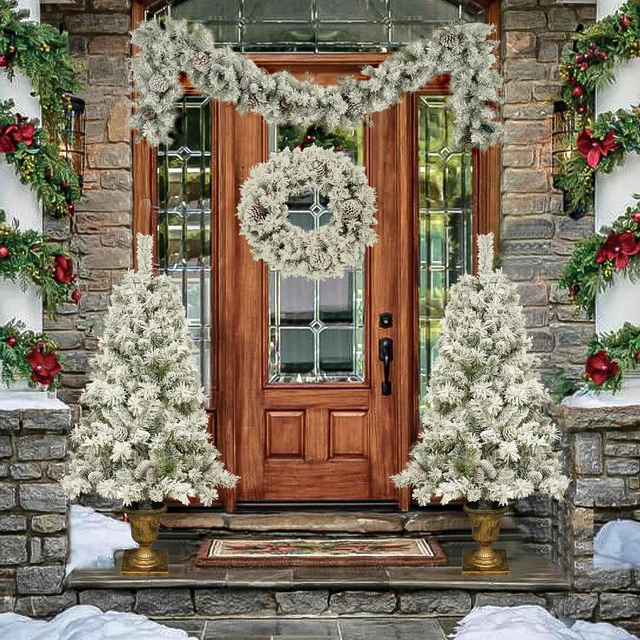 Alt view image 2 of 7 - Pre Lit Xmas Tree Artificial Christmas 4 Piece Set, Garland Wreath and Set Entrance Trees Mas with LED Lights