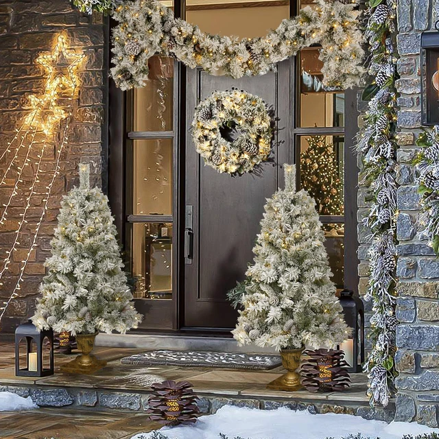 Main image of Pre Lit Xmas Tree Artificial Christmas 4 Piece Set, Garland Wreath and Set Entrance Trees Mas with LED Lights