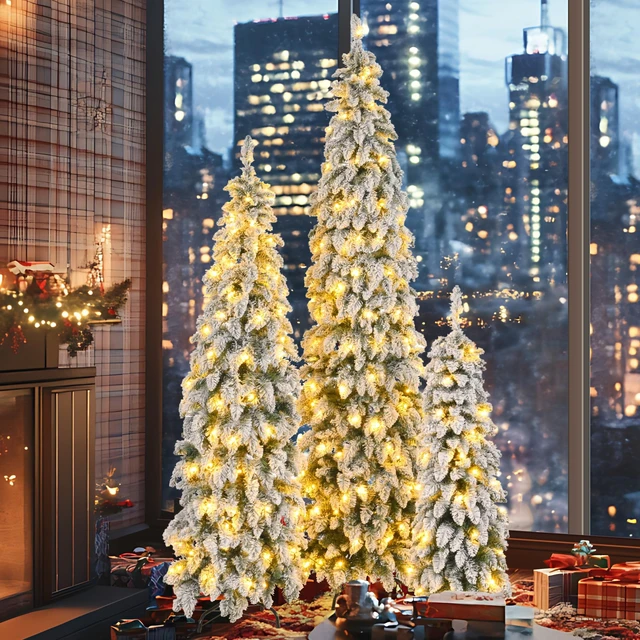 Main image of Pre Lit Pencil Christmas Trees, Set Slim Artificial Christmas Tree with Snow Flocking Xmas Holiday Decoration Branch