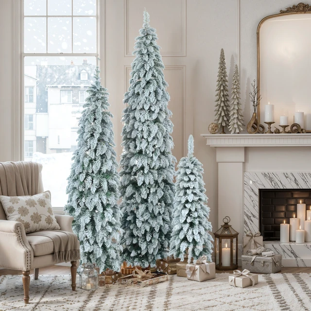 Alt view image 3 of 7 - Pre Lit Pencil Christmas Trees, Set Slim Artificial Christmas Tree with Snow Flocking Xmas Holiday Decoration Branch