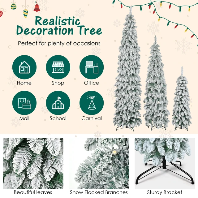 Alt view image 4 of 7 - Pre Lit Pencil Christmas Trees, Set Slim Artificial Christmas Tree with Snow Flocking Xmas Holiday Decoration Branch