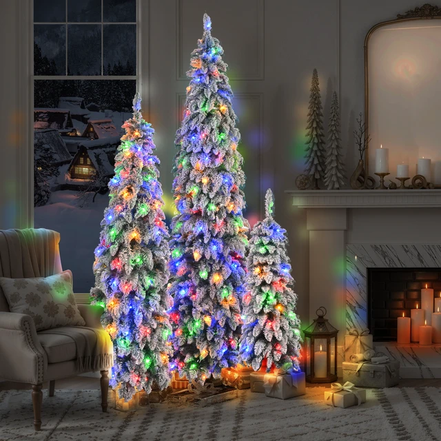 Alt view image 2 of 7 - Pre Lit Pencil Christmas Trees, Set Slim Artificial Christmas Tree with Snow Flocking Xmas Holiday Decoration Branch