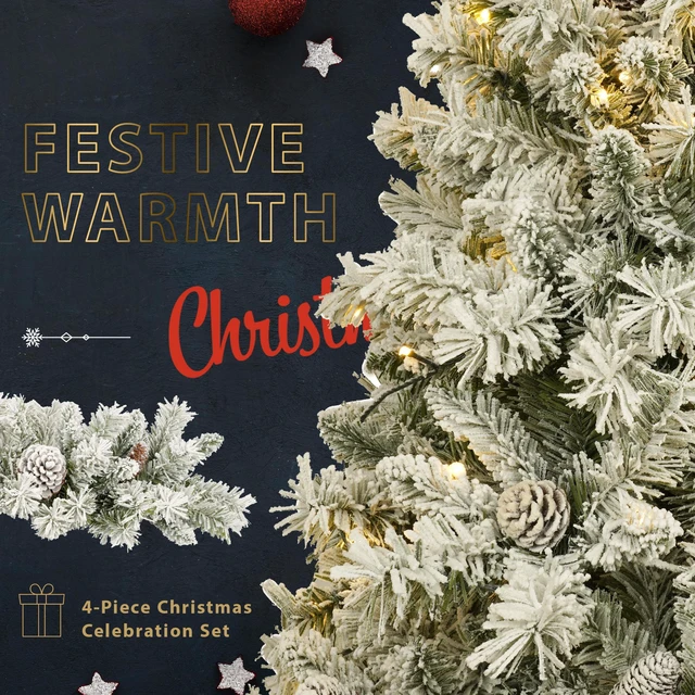Alt view image 7 of 7 - Pre Lit Xmas Tree Artificial Christmas 4 Piece Set, Garland Wreath and Set Entrance Trees Mas with LED Lights