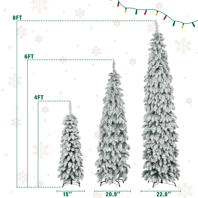 Alt view image 6 of 7 - Pre Lit Pencil Christmas Trees, Set Slim Artificial Christmas Tree with Snow Flocking Xmas Holiday Decoration Branch