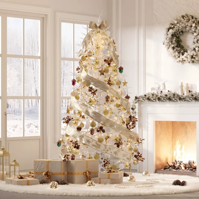 Alt view image 3 of 5 - Pre Lit Aspen Fir Artificial Christmas Tree, Hinged Xmas Tree with LED Lights and Ball Ornaments Tips Holiday
