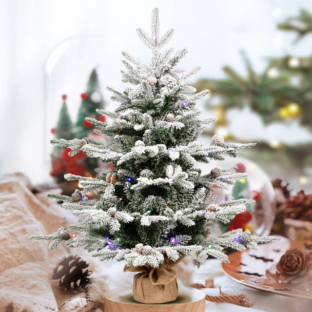 Main image of Pre Lit Flocked Christmas Tree, Artificial Tree with Dual Color LED Lights Cones Tips 31 Inch Bottom Diameter Burlap