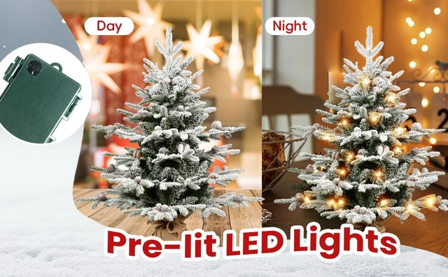 Alt view image 5 of 7 - Pre Lit Flocked Christmas Tree, Artificial Tree with Dual Color LED Lights Cones Tips 31 Inch Bottom Diameter Burlap