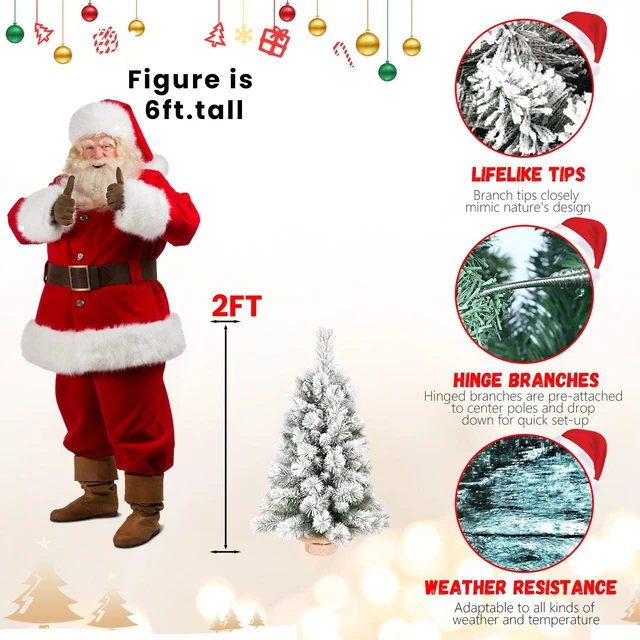 Alt view image 5 of 7 - 2 ft Flocked and PVC Artificial Christmas Tree, 68tips 16 Inch Max Diameter Burlap Base Tabletop Snowy Xmas Decor