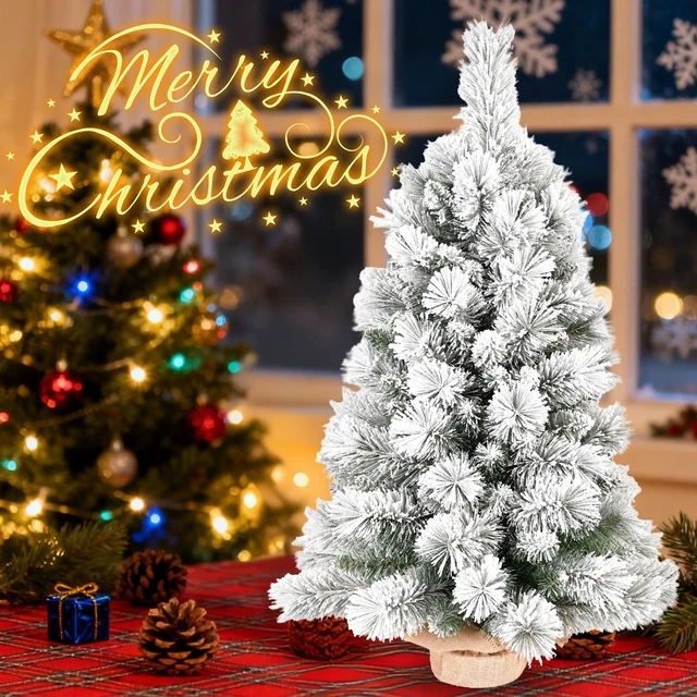 Alt view image 6 of 7 - 2 ft Flocked and PVC Artificial Christmas Tree, 68tips 16 Inch Max Diameter Burlap Base Tabletop Snowy Xmas Decor