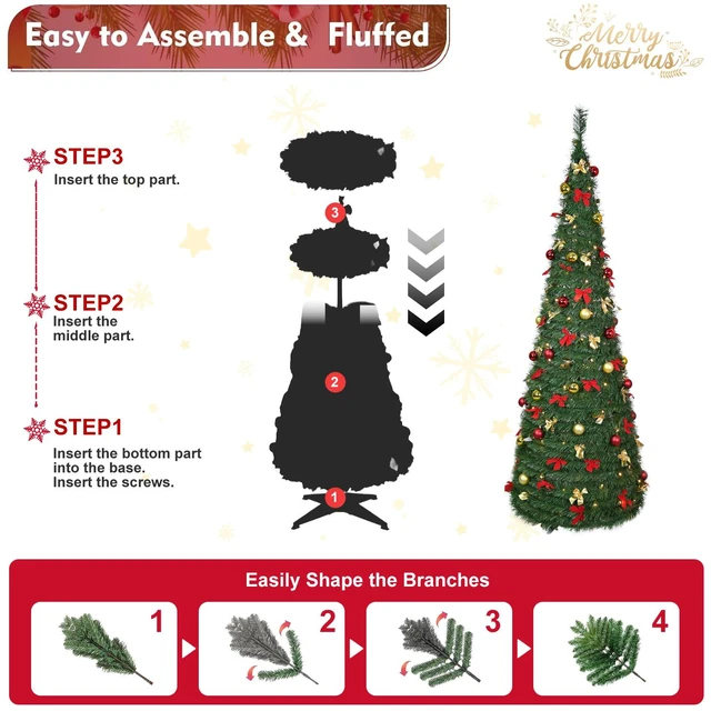Alt view image 2 of 7 - Pop Christmas Tree, Pre Decorated Artificial Tree with Pre Strung Lights and Ball Ornaments and Bows 28 in Max Diameter