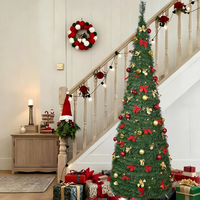 Main image of Pop Christmas Tree, Pre Decorated Artificial Tree with Pre Strung Lights and Ball Ornaments and Bows 28 in Max Diameter