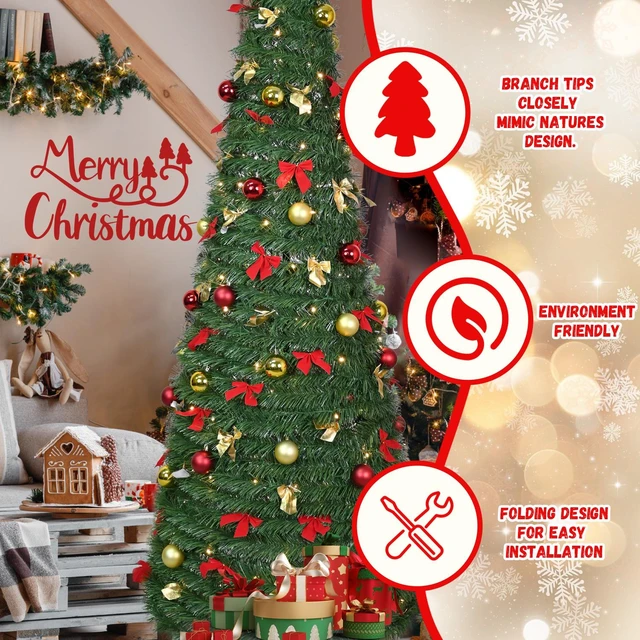 Alt view image 3 of 7 - Pop Christmas Tree, Pre Decorated Artificial Tree with Pre Strung Lights and Ball Ornaments and Bows 28 in Max Diameter