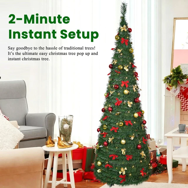 Alt view image 5 of 7 - Pop Christmas Tree, Pre Decorated Artificial Tree with Pre Strung Lights and Ball Ornaments and Bows 28 in Max Diameter