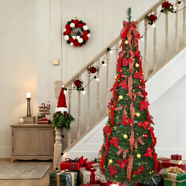 Main image of Lighted Pop Christmas Tree, Quick Setup Artificial Tree with Pre Strung Lights Pre Decorated Balls and Satin Bows Large