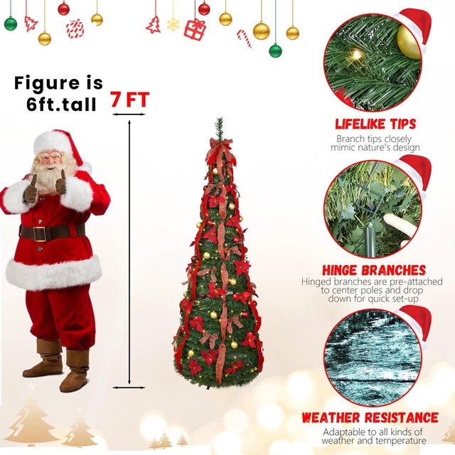 Alt view image 3 of 7 - Lighted Pop Christmas Tree, Quick Setup Artificial Tree with Pre Strung Lights Pre Decorated Balls and Satin Bows Large