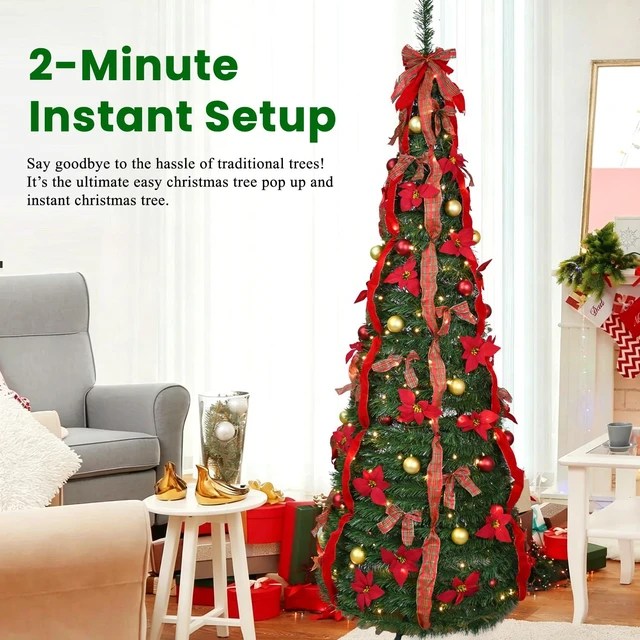 Alt view image 2 of 7 - Lighted Pop Christmas Tree, Quick Setup Artificial Tree with Pre Strung Lights Pre Decorated Balls and Satin Bows Large