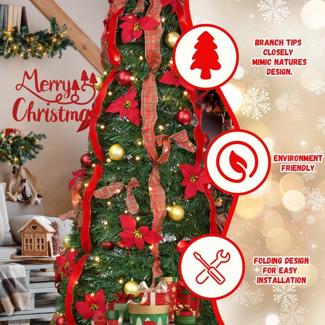 Alt view image 4 of 7 - Lighted Pop Christmas Tree, Quick Setup Artificial Tree with Pre Strung Lights Pre Decorated Balls and Satin Bows Large