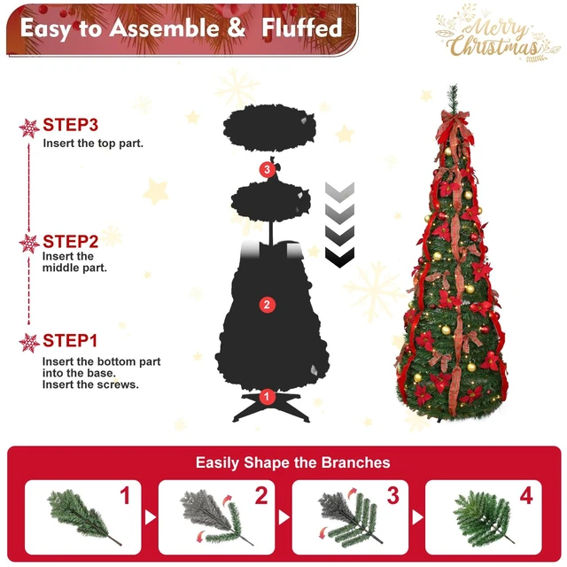 Alt view image 6 of 7 - Lighted Pop Christmas Tree, Quick Setup Artificial Tree with Pre Strung Lights Pre Decorated Balls and Satin Bows Large