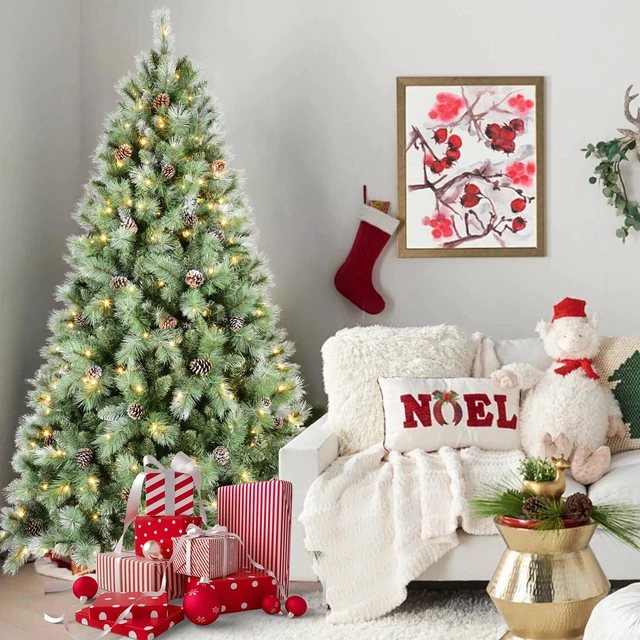 Main image of Christmas Tree with LED Lights PVC and Hard Needle Tips, Cones Hinged Branch Design Metal Stand Full Realistic Holiday
