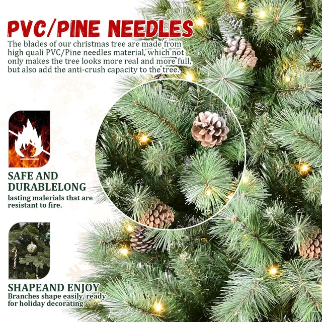 Alt view image 3 of 7 - Christmas Tree with LED Lights PVC and Hard Needle Tips, Cones Hinged Branch Design Metal Stand Full Realistic Holiday