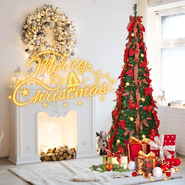 Alt view image 7 of 7 - Lighted Pop Christmas Tree, Quick Setup Artificial Tree with Pre Strung Lights Pre Decorated Balls and Satin Bows Large