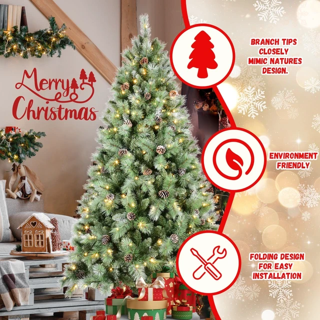 Alt view image 5 of 7 - Christmas Tree with LED Lights PVC and Hard Needle Tips, Cones Hinged Branch Design Metal Stand Full Realistic Holiday
