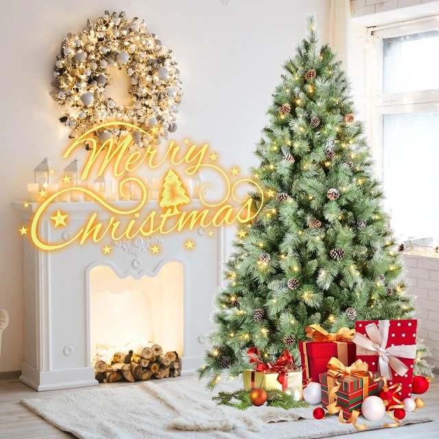 Alt view image 6 of 7 - Christmas Tree with LED Lights PVC and Hard Needle Tips, Cones Hinged Branch Design Metal Stand Full Realistic Holiday