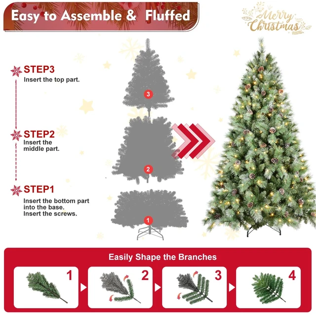 Alt view image 4 of 7 - Christmas Tree with LED Lights PVC and Hard Needle Tips, Cones Hinged Branch Design Metal Stand Full Realistic Holiday