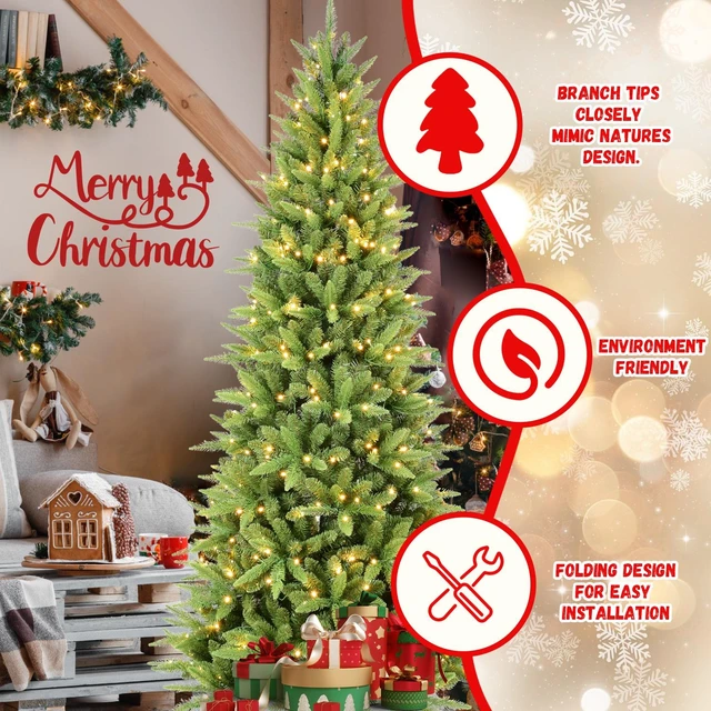 Alt view image 4 of 7 - Slim Christmas Tree with LED Lights PVC Tips, Space Saving Hinged Design Easy Setup Metal Stand Realistic Pencil Tree